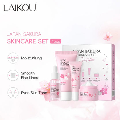 Set de 4 piezas para el cuidado facial: Limpiador, crema Sakura Essence, crema hidratante para ojos, suero facial para mejorar la aspereza y la sequedad de la piel.