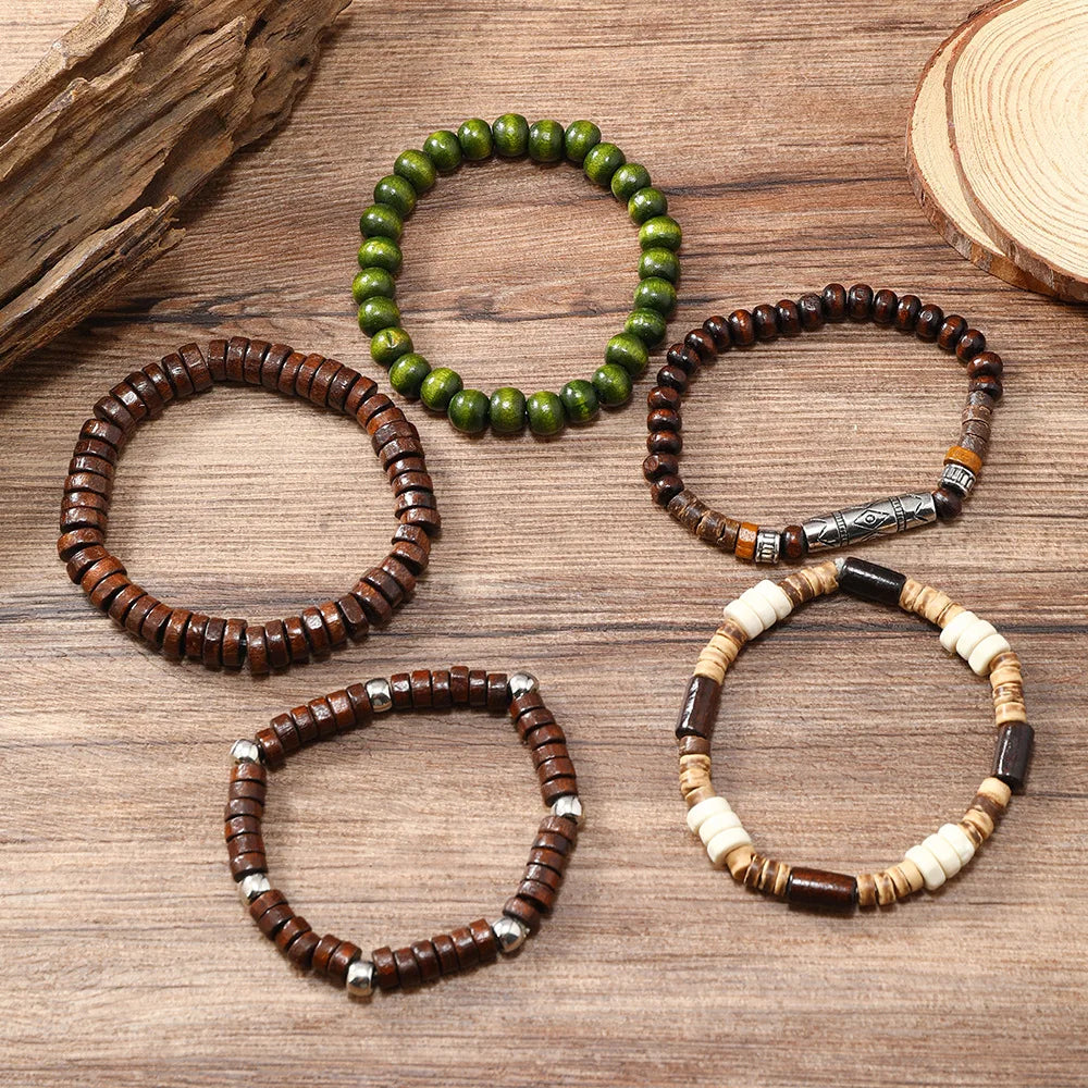 Pulsera para hombre, nueva pulsera retro multicapa de concha de coco con cordón elástico de varias piezas y cuentas de madera.