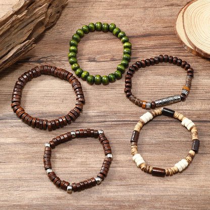 Pulsera para hombre, nueva pulsera retro multicapa de concha de coco con cordón elástico de varias piezas y cuentas de madera.