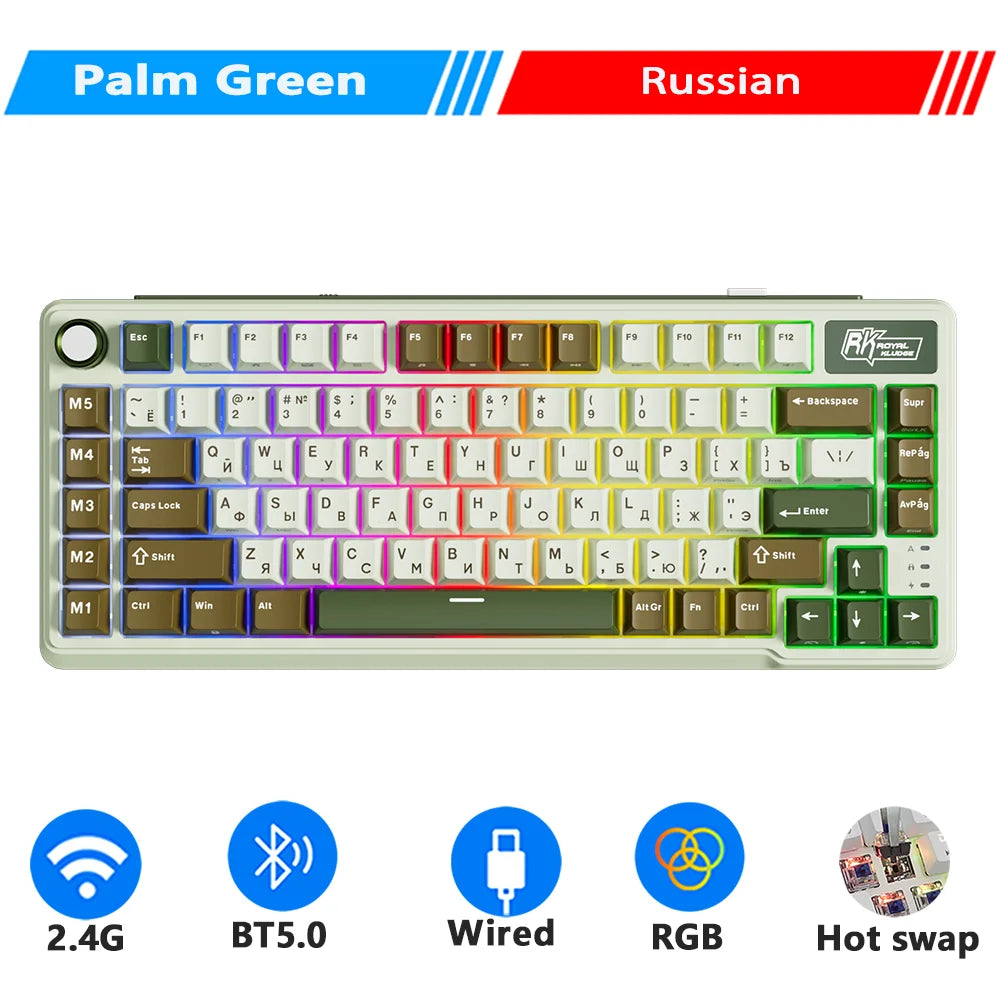 RK ROYAL KLUDGE L75 Teclado mecánico personalizable con cinco teclas de acceso directo, estructura de junta, retroiluminación RGB de tres modos, teclado para gamers