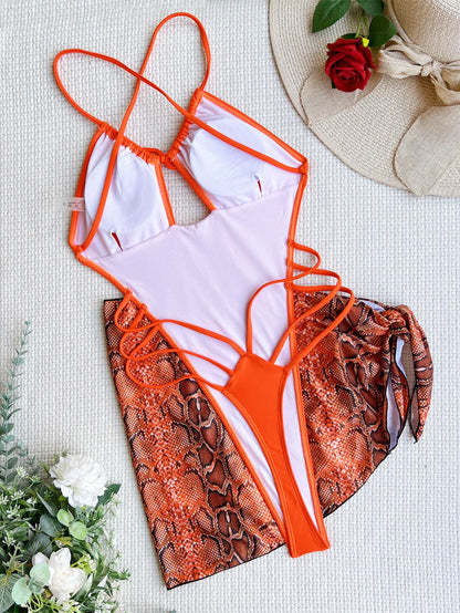 Traje de baño de una pieza tipo tanga, con espalda descubierta y diseño ultra mini, estilo tanga, para mujer. Incluye pareo, corte alto y diseño monokini.