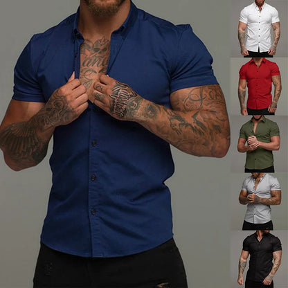Camisas de vestir ajustadas para hombre, estilo casual de verano, con cuello vuelto, manga corta y botones LXDZ-110