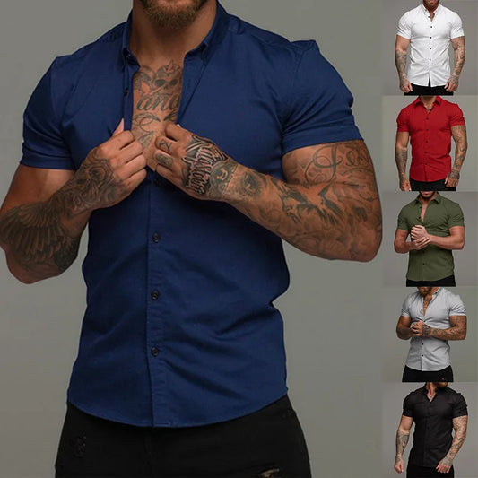 Camisas de vestir ajustadas para hombre, estilo casual de verano, con cuello vuelto, manga corta y botones LXDZ-110