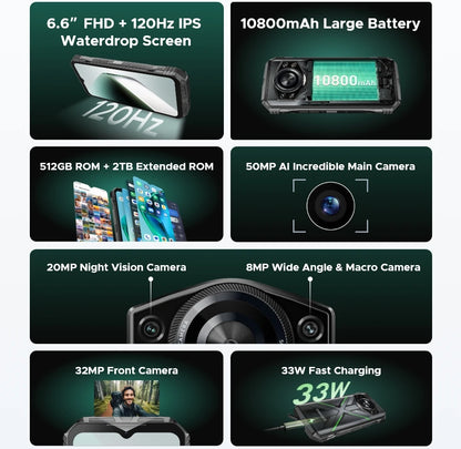 Teléfono resistente DOOGEE S Cyber ​​Pro, 12 GB de RAM, 512 GB de almacenamiento, procesador Helio G100, pantalla IPS FHD+ de 6,6" y 120 Hz, batería de gran capacidad de 10800 mAh, carga de 33 W y NFC.