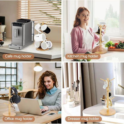 Portavasos de bambú con 6 ganchos para tazas de café, resistente soporte para tazas, ideal para organizar mostradores y ahorrar espacio.