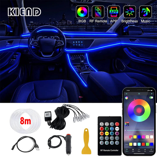 Tira de luces LED para ambiente interior de coche, RGB, fibra óptica, iluminación de neón con control remoto por aplicación, lámparas decorativas para coche
