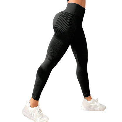 Pantalones de yoga de punto de cintura alta para mujer, pantalones largos de fitness, tejido integrado, banda elástica, pantalones deportivos, populares, efecto melocotón en los glúteos.