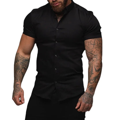 Camisas de vestir ajustadas para hombre, estilo casual de verano, con cuello vuelto, manga corta y botones LXDZ-110