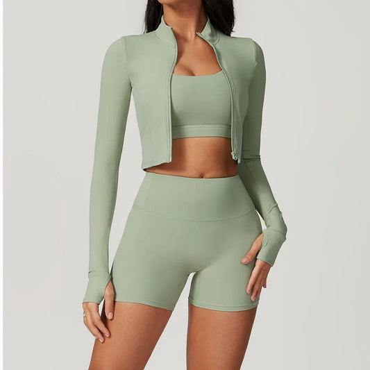 Conjunto de yoga de 3 piezas para mujer, conjuntos de entrenamiento, ropa deportiva para gimnasio, ropa deportiva con cremallera, leggings de manga larga y cintura alta, trajes deportivos, traje de yoga