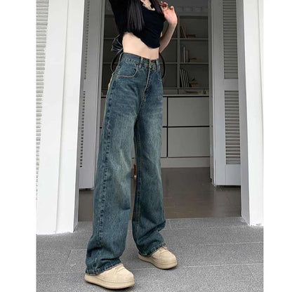 Pantalones vaqueros de pierna ancha para mujer, de cintura alta, con contraste, rectos, holgados, para otoño