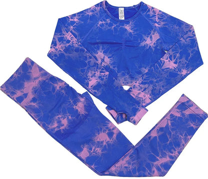 VEQKING - Ropa de yoga teñida para mujer, top corto de manga larga, pantalones de yoga de cintura alta, conjuntos deportivos, ropa de gimnasio de secado rápido