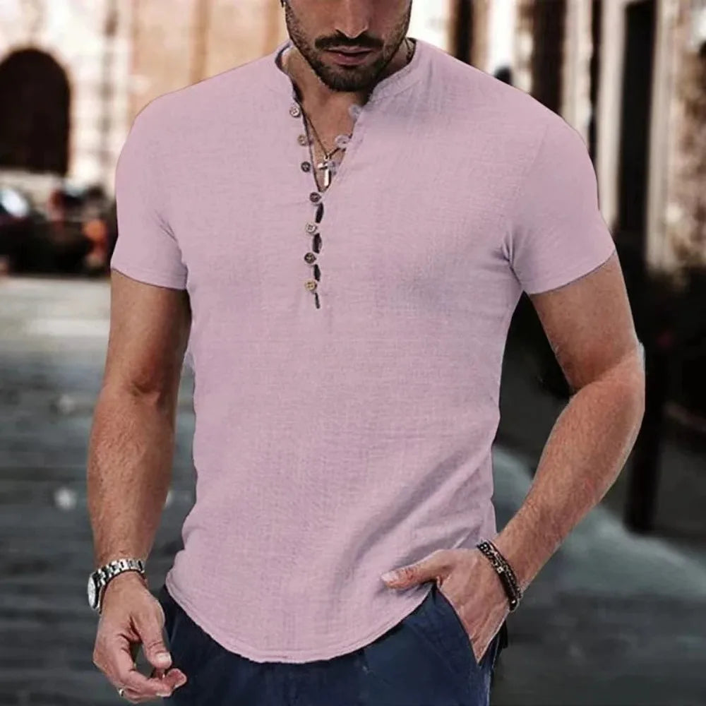 Nueva camiseta de manga corta para hombre, de algodón y lino con botones. Ropa casual para hombre. Camisetas populares para hombre.