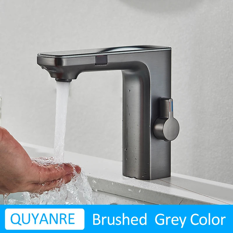 Grifo de lavabo inteligente con sensor, color gris plomo, pantalla digital, mezclador de agua fría y caliente, grifo sin contacto para lavabo de baño