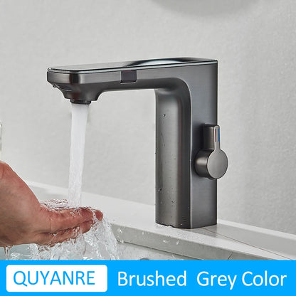 Grifo de lavabo inteligente con sensor, color gris plomo, pantalla digital, mezclador de agua fría y caliente, grifo sin contacto para lavabo de baño