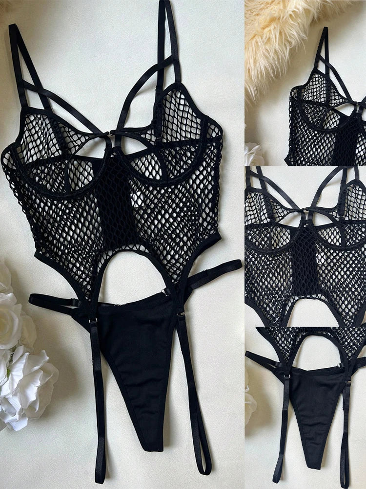 Lencería sexy de red para mujer, ultra exótica, sin entrepierna, atrevida, erótica, con sujetador de malla transparente, trajes de luna de miel sin censura