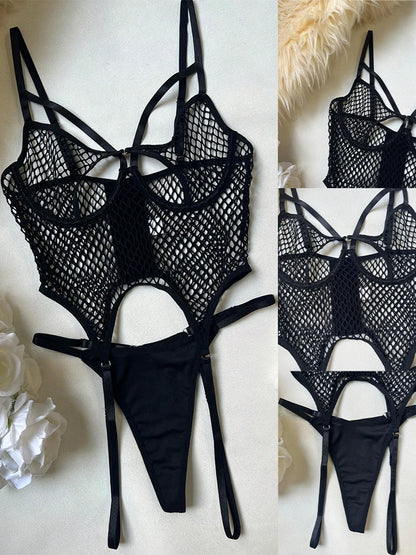 Lencería sexy de red para mujer, ultra exótica, sin entrepierna, atrevida, erótica, con sujetador de malla transparente, trajes de luna de miel sin censura