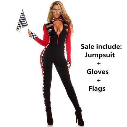 Sexy Lady Race Car Driver Costume Halloween Racing Girl Clubwear Zip Erotic Bodysuit Cosplay Carnival Fancy Party Dress Jumpsuit