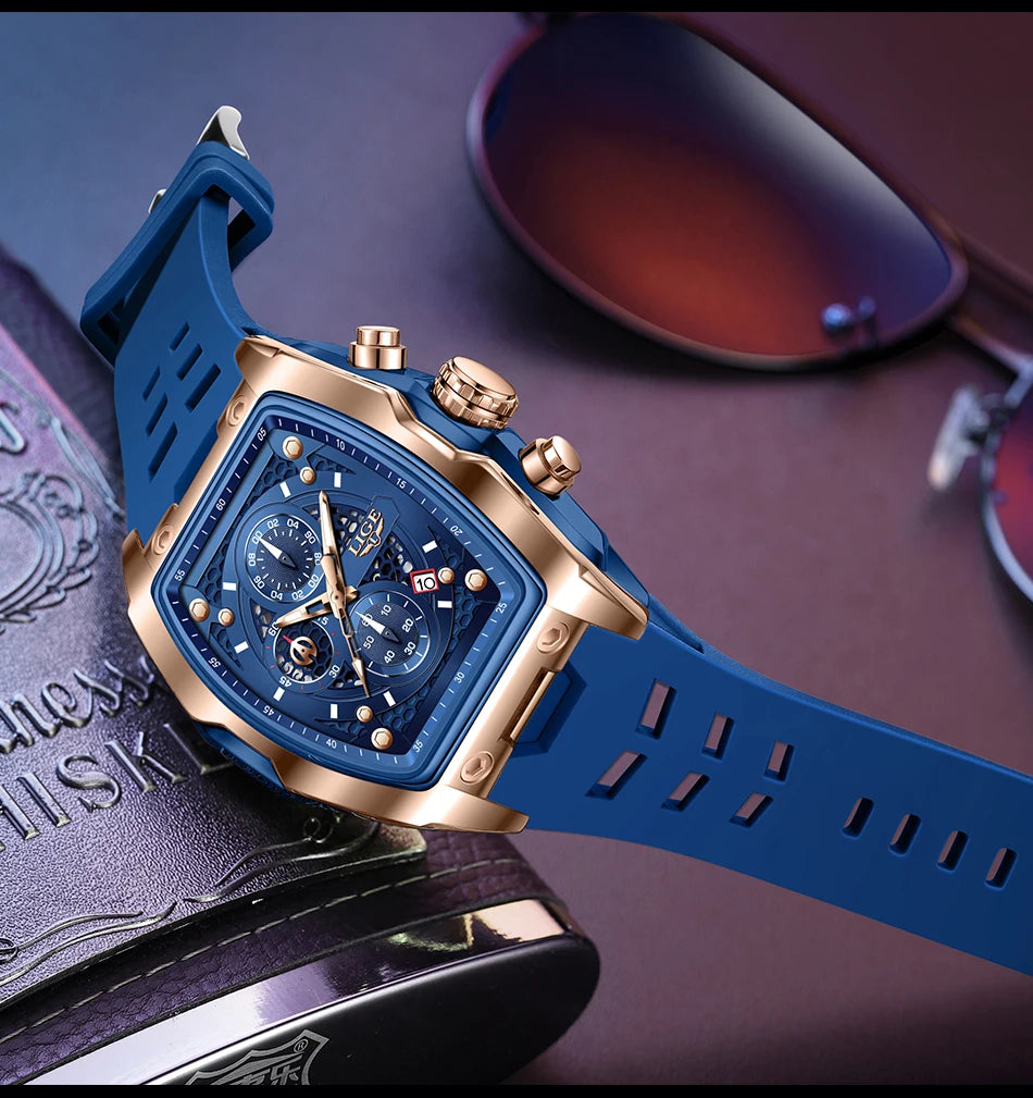 Reloj de negocios LIGE para hombre, resistente al agua, luminoso, cronógrafo, fecha, movimiento de cuarzo, correa de silicona, reloj de pulsera para hombre + caja