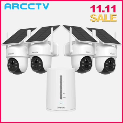 Kit de cámara solar WiFi ARCCTV de 4 MP para exteriores con sistema de vigilancia inalámbrico, sirena, detección de humanoides y audio bidireccional.