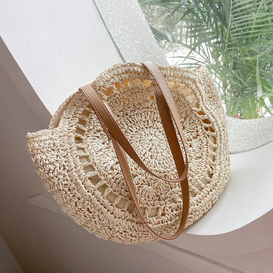 Bolsos de paja redondos de verano para mujer, bolso de hombro de ratán, bolso de playa tejido a mano para viaje, bolso de mano femenino de gran capacidad