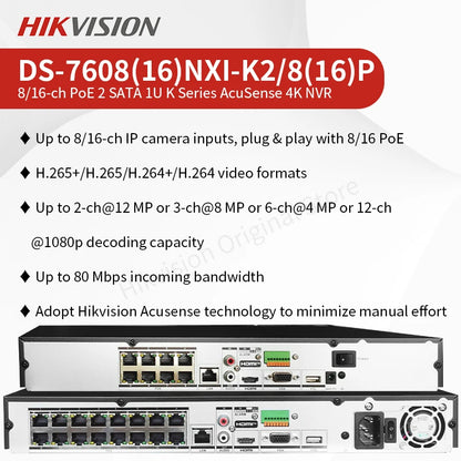 NVR Hikvision AcuSense 4K de 4, 8 y 16 canales para cámaras IP con PoE: DS-7604NXI-K1/4P, DS-7608NXI-K2/8P, DS-7616NXI-K2/16P