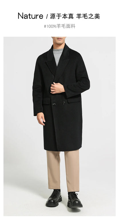 Autumn Winter New 100% Wool Double-sided Wool Coat Men's Korean Suit Collar Wide Fluffy Woolen Coat Simple and Luxurious