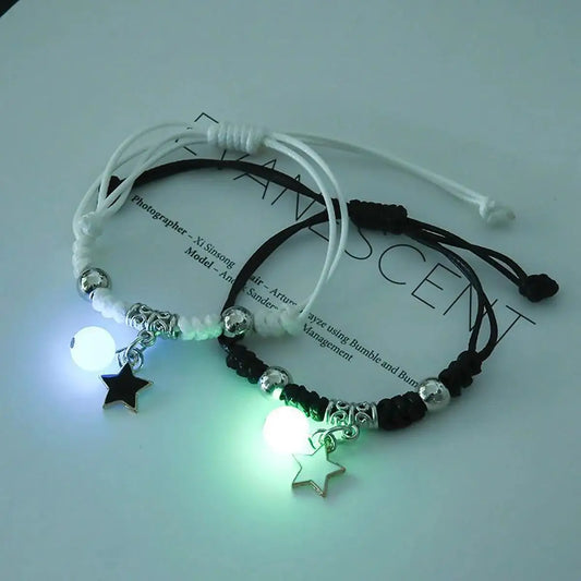 Pulsera de pareja de 2 piezas con cuentas luminosas de moda para mujeres y hombres, con dije de gato, flor, corazón, luna, amor, pulsera a juego para amigos, joyería