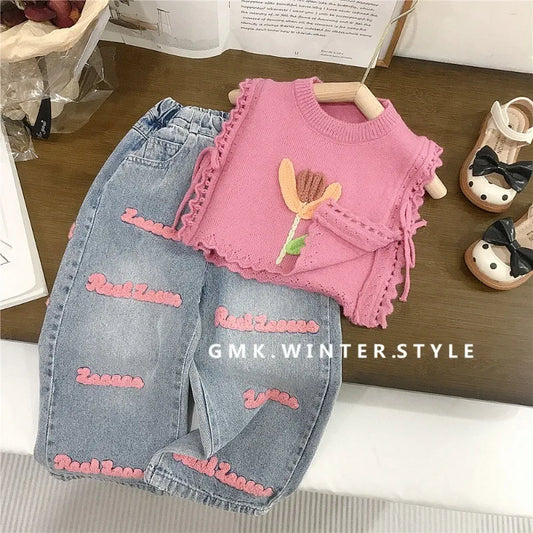 Conjuntos de ropa para niños de 2 a 7 años, chaleco de punto rosa y vaqueros, conjunto de verano para bebés y niños pequeños.