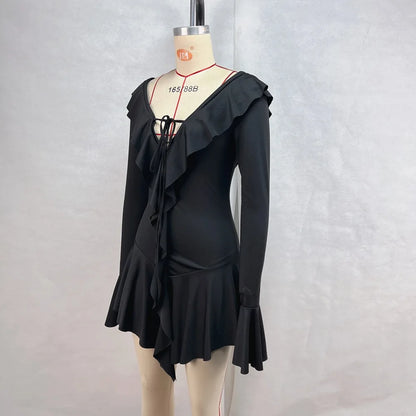 Vestido corto de mujer con volantes, patchwork blanco y negro, manga larga acampanada, encaje y cordones, para fiesta, noche, mini vestido, azul, rosa, rojo.