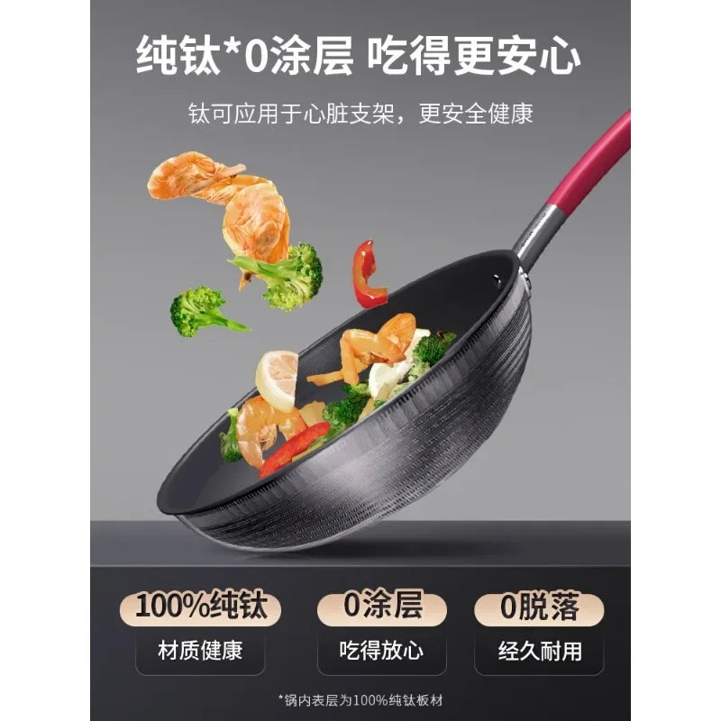 Sartén/wok antiadherente sin revestimiento de titanio puro Cornbach - Wok especial para cocinas de gas e inducción domésticas