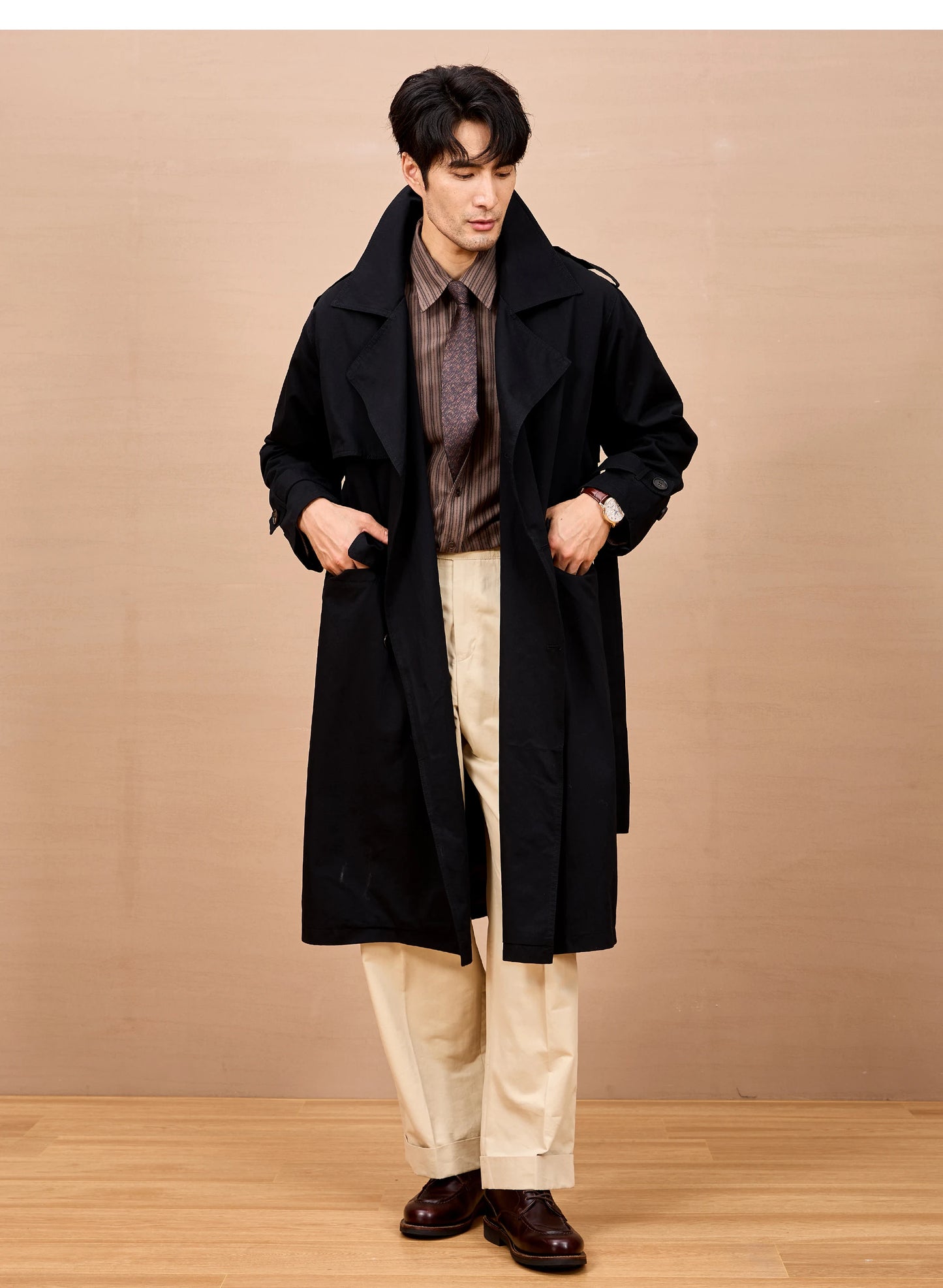 Gabardina larga negra y caqui de Mauroicardi para hombre, primavera/otoño, con hombreras, doble botonadura, estilo británico elegante, moda 2025