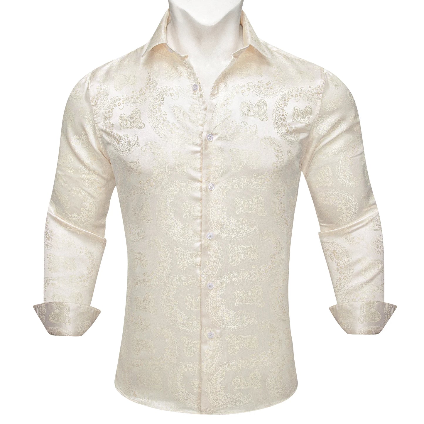 Camisas de seda de diseño para hombre en azul, dorado, verde, rojo, blanco y negro. Estampado cachemir bordado. Corte ajustado. Blusas casuales de manga larga.