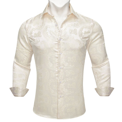 Camisas de seda de diseño para hombre en azul, dorado, verde, rojo, blanco y negro. Estampado cachemir bordado. Corte ajustado. Blusas casuales de manga larga.