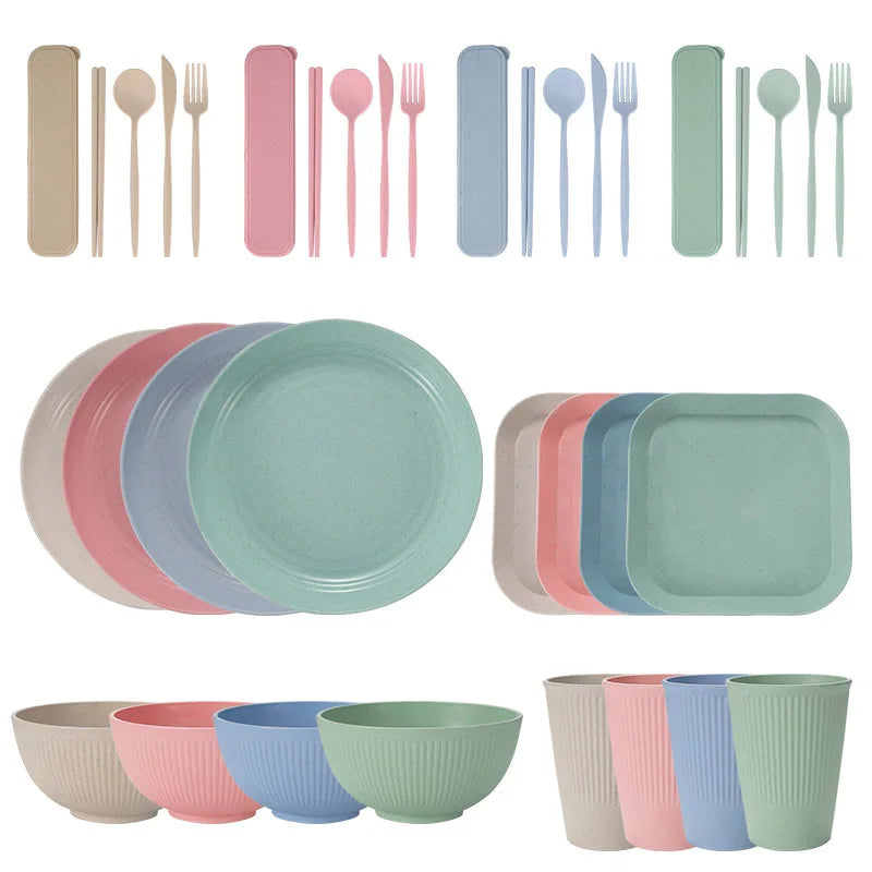 Juego de 36 platos de paja de trigo ecológicos para ramen, vajilla para cena, juego de vajilla para acampar con cuchillo, tenedor y cuchara.