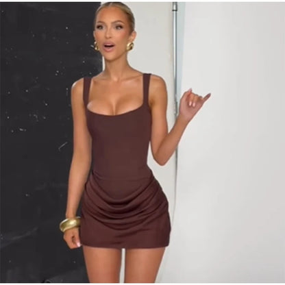 Women Coffee Pleated Sling Evening Mini Dresses Fashion Sleeveless High Waist U Neck Slim Short Dress Lady Highstreet Party Robe