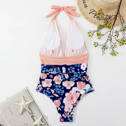 Traje de baño enterizo estampado de moda para mujer, bikini sexy, ropa de playa para damas, traje de baño con espalda descubierta y cordones.