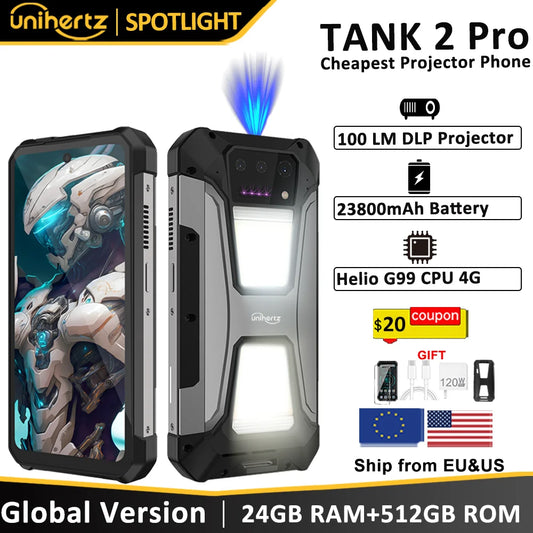 Unihertz Tank 2 Pro 8849: teléfono inteligente resistente con proyector 2.4K, batería de 23800 mAh, 24 GB + 512 GB, Android 14, cámara de 100 MP y NFC.