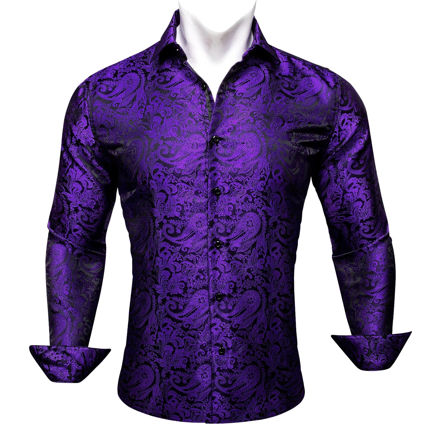 Camisas de seda de diseño para hombre en azul, dorado, verde, rojo, blanco y negro. Estampado cachemir bordado. Corte ajustado. Blusas casuales de manga larga.