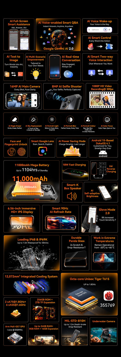 Teléfono resistente Blackview OSCAL Marine 2, 8 GB de RAM, 256 GB de almacenamiento, smartphone con IA, batería de 11000 mAh, pantalla HD+ de 6,56", procesador Unisoc T61, Android 15 y NFC.