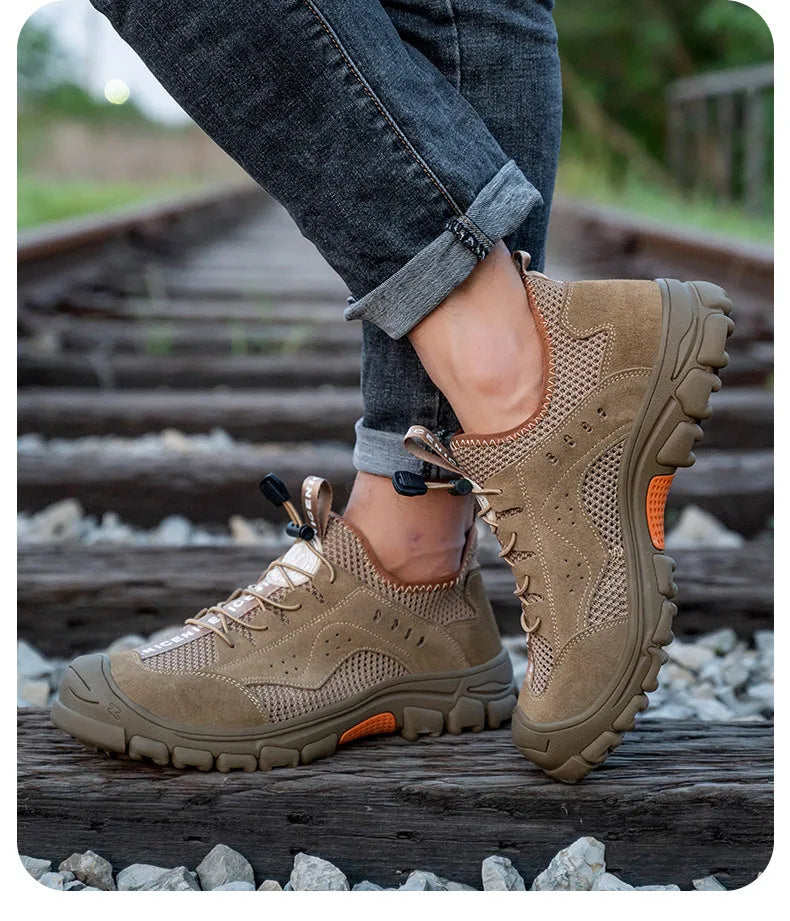 Zapatos de seguridad de piel de vaca, transpirables, para hombre, con puntera de acero, resistentes a impactos, botas de trabajo, indestructibles, zapatillas de trabajo modernas.