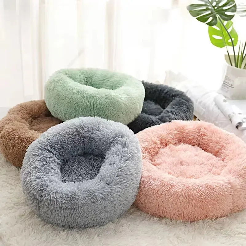 1 cama cómoda de felpa a rayas para mascotas, adecuada para gatos y perros, cálida, nido redondo para dormir profundamente, relleno, gris, suave, para interiores