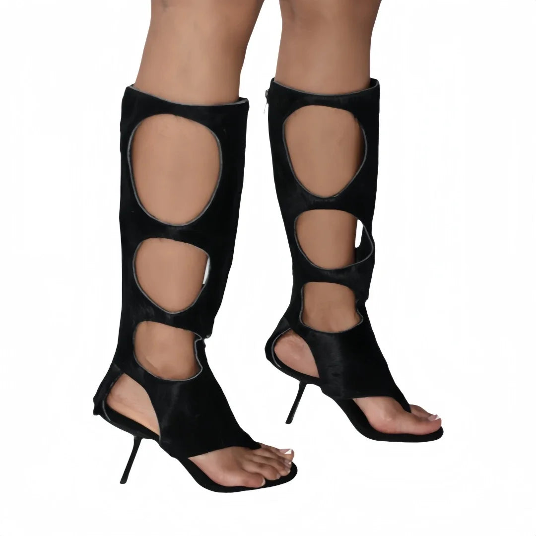 Botas de lujo para mujer (2025) | Tacón de aguja recortado con crin de caballo auténtica y cremallera trasera | Zapatos de vestir para fiestas de noche y club