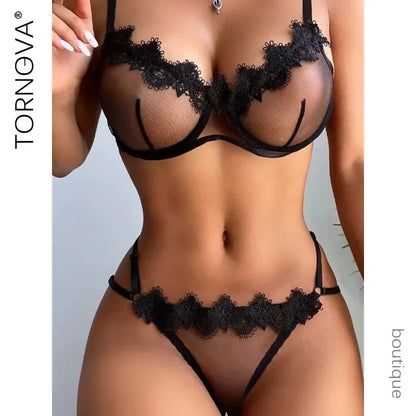 Conjunto de lencería sexy Tornova, color sólido, encaje transparente, conjunto de dos piezas, encaje de malla con parches, ropa interior femenina atractiva.