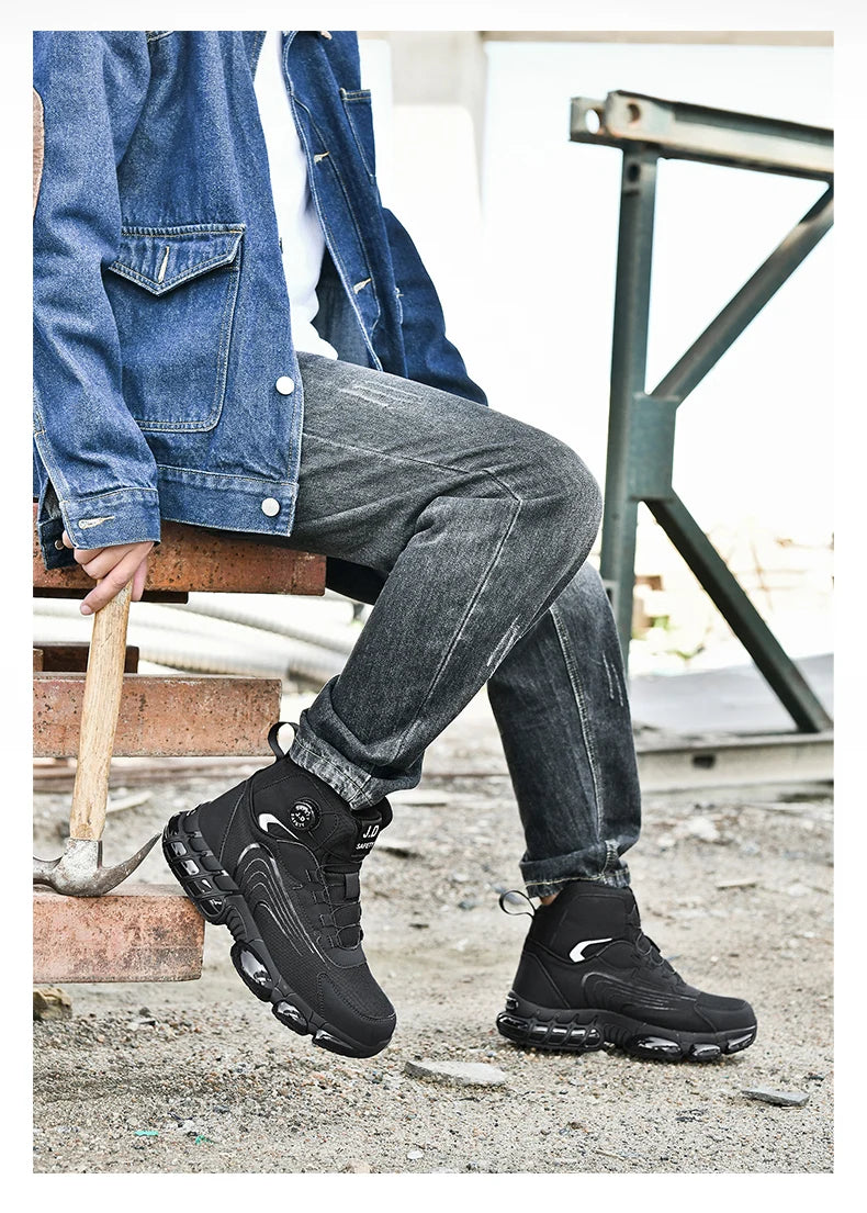Zapatos de seguridad de caña alta para hombre con botón giratorio, resistentes a impactos y perforaciones, zapatillas de moda para hombre, calzado de seguridad profesional.