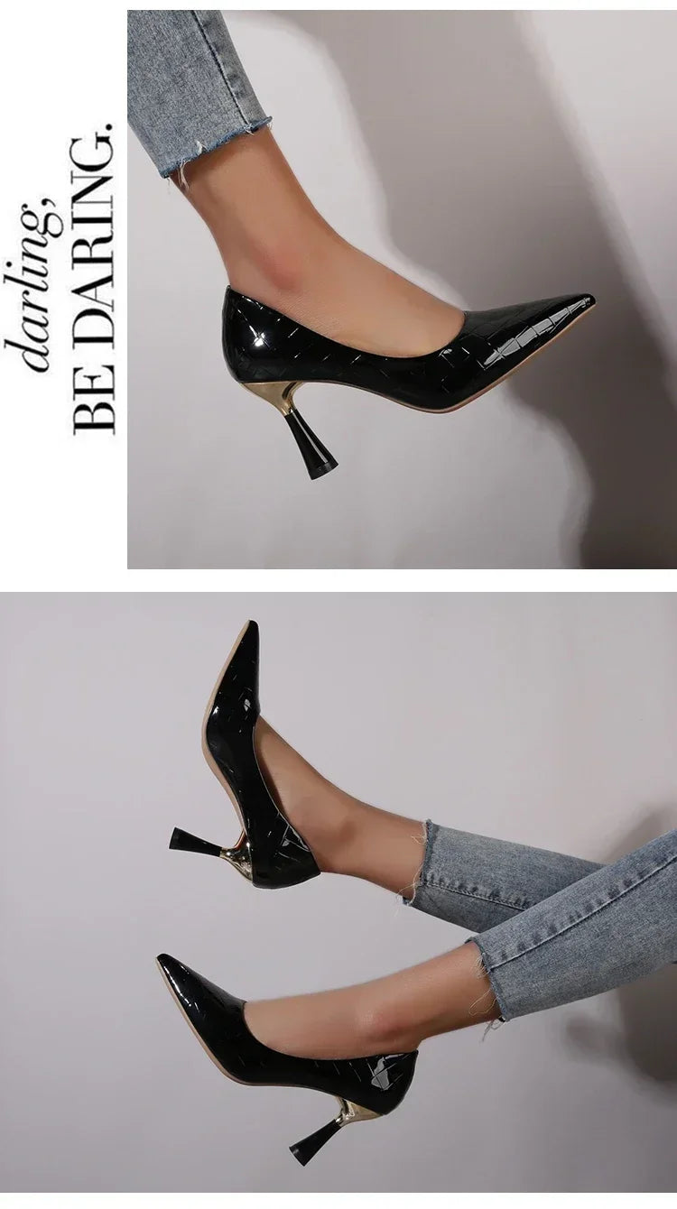 Zapatos Mujer 2024 Tendencia Nuevo Verano Tacones Rojos Elegante Mujer Tacón Negro Punta Puntiaguda Zapatos de Vestir Cuero Blanco Zapatos de Dama