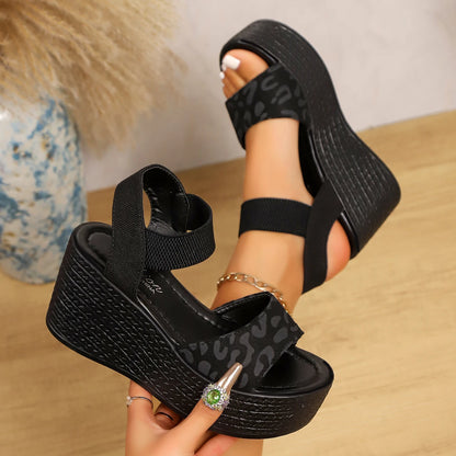 Sandalias de cuña con punta abierta y tacón alto para mujer, sandalias de plataforma con estampado de leopardo, zapatos de verano de suela gruesa para mujer, alpargatas, zapatillas para mujer