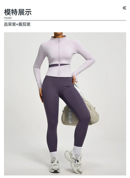 Conjuntos de yoga con contraste de colores para mujer, chaqueta deportiva de manga larga sin costuras con cremallera, leggings adelgazantes de cintura alta, chándal de fitness