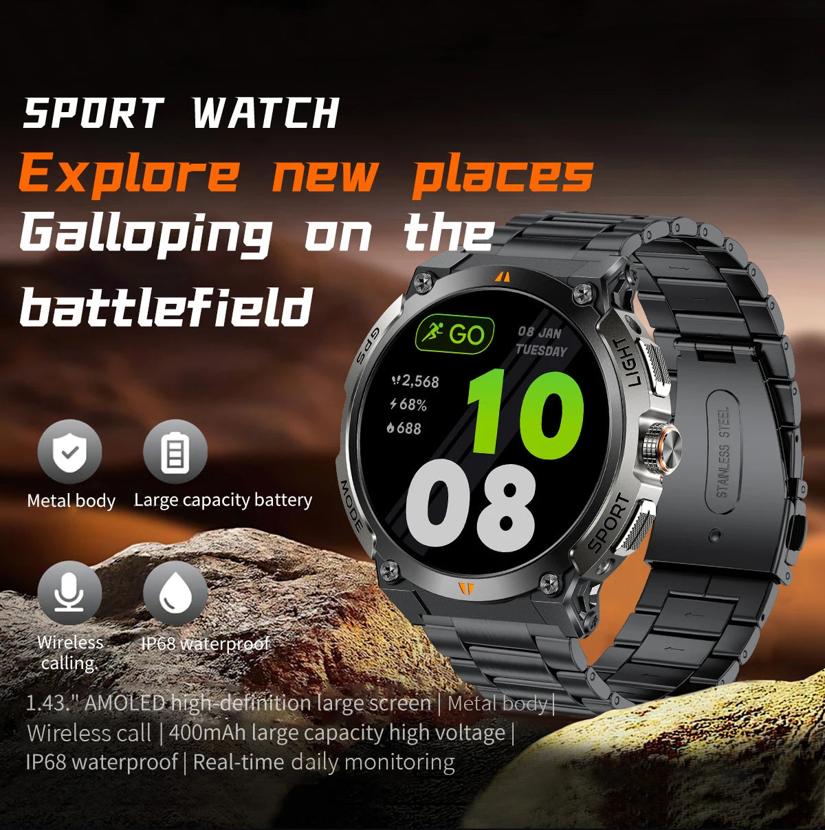 LIGE - Nuevo reloj inteligente con GPS para hombre, llamadas Bluetooth, batería grande de 400 mAh, pantalla AMOLED de 1,43 pulgadas, voz IA, IP68, resistente al agua