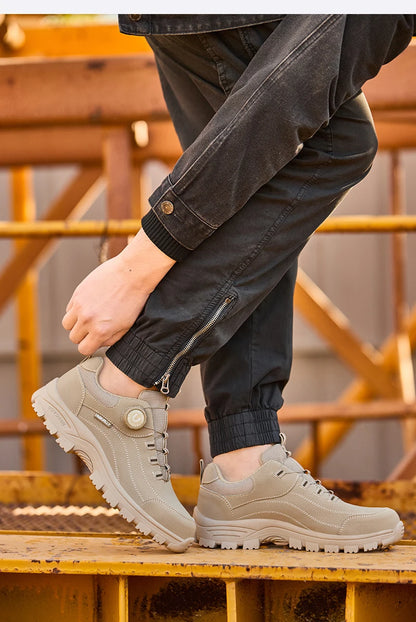 Calzado de seguridad para hombre con diseño de botones, puntera de acero, resistente a la compresión y suela antideslizante para trabajo en exteriores y talleres.