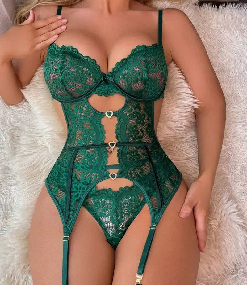 Lencería sexy de encaje, transparente, erótica, lencería de encaje para adultos, conjunto de sujetador y liguero, ropa de dormir sexy y erótica.